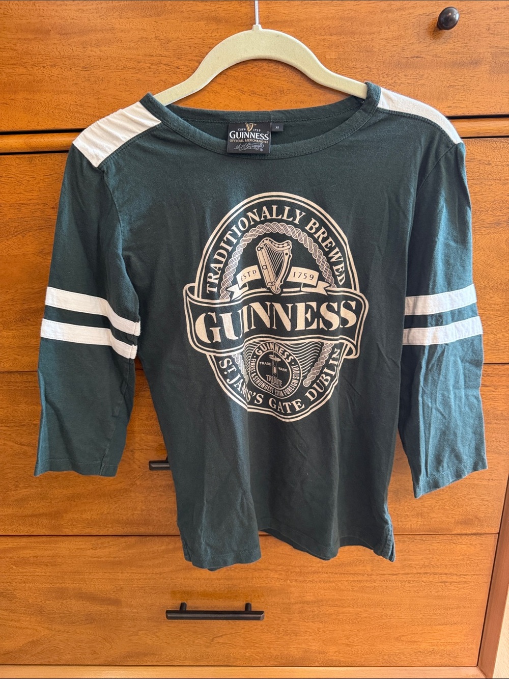 Guinness Green 3/4th Sleeve Logo Baseball Tee with Cream Accents